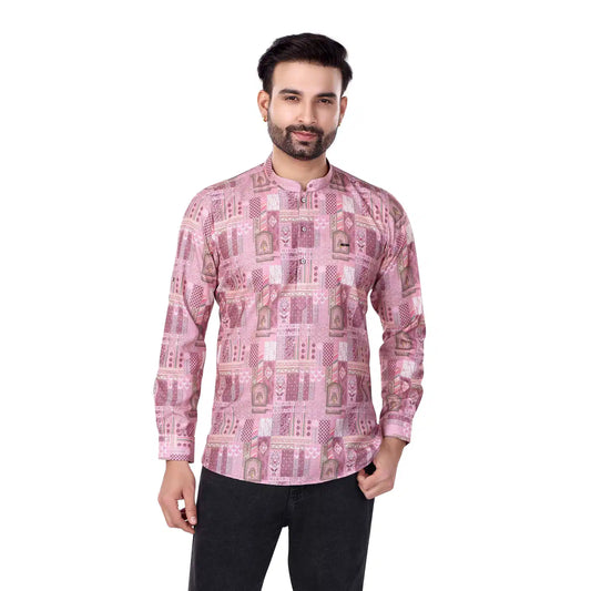 Ethnic Motifs Classy Men's Short Kurta, Full Sleeves, Mandarin Collar, Premium Fabric - Mauve