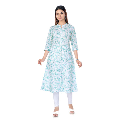 White & Pastel Blue Floral Printed Kurta