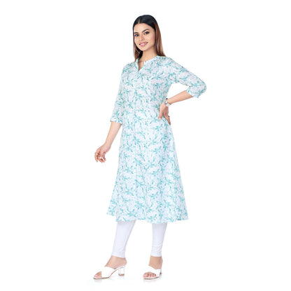 White & Pastel Blue Floral Printed Kurta