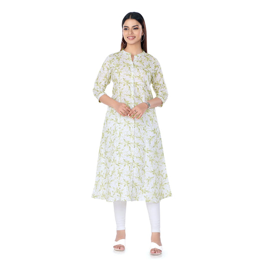 White & Pastel Green Floral Printed Kurta