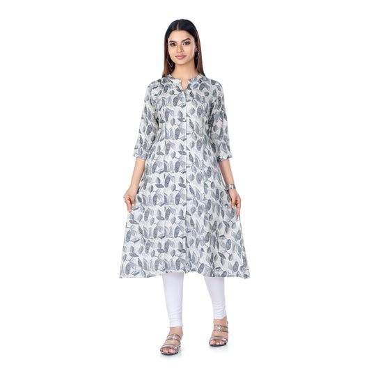 Grey Leaf Print Band Collar Kurta with Front Slit