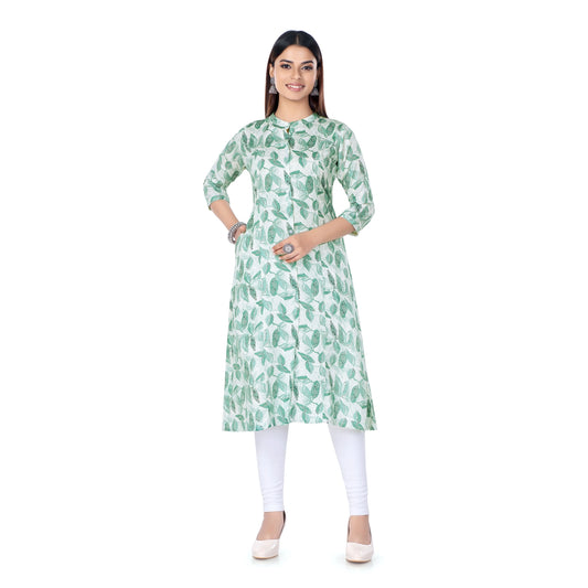 Green Leaf Print Band Collar Kurta with Front Slit