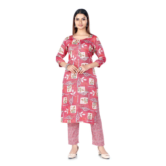 Cherry Floral Print Kurta-Pant Set with Minimalist Detailing