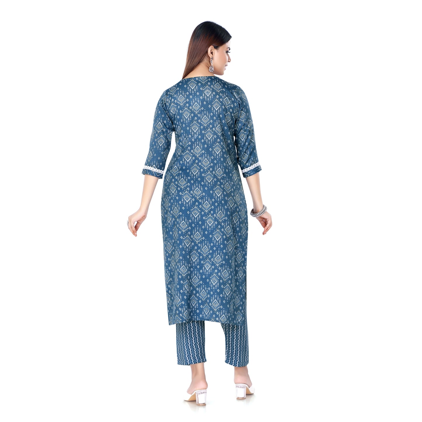 Indigo Blue Geometric Print Kurta Pant Set with Contrast Lace Detailing