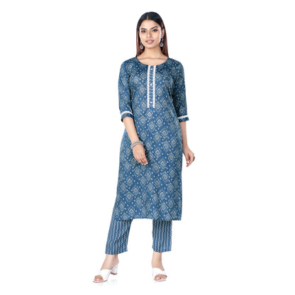 Indigo Blue Geometric Print Kurta Pant Set with Contrast Lace Detailing