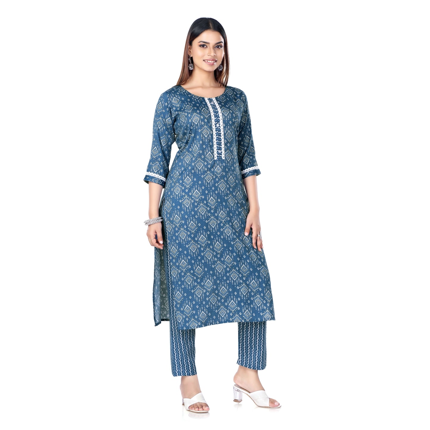 Indigo Blue Geometric Print Kurta Pant Set with Contrast Lace Detailing