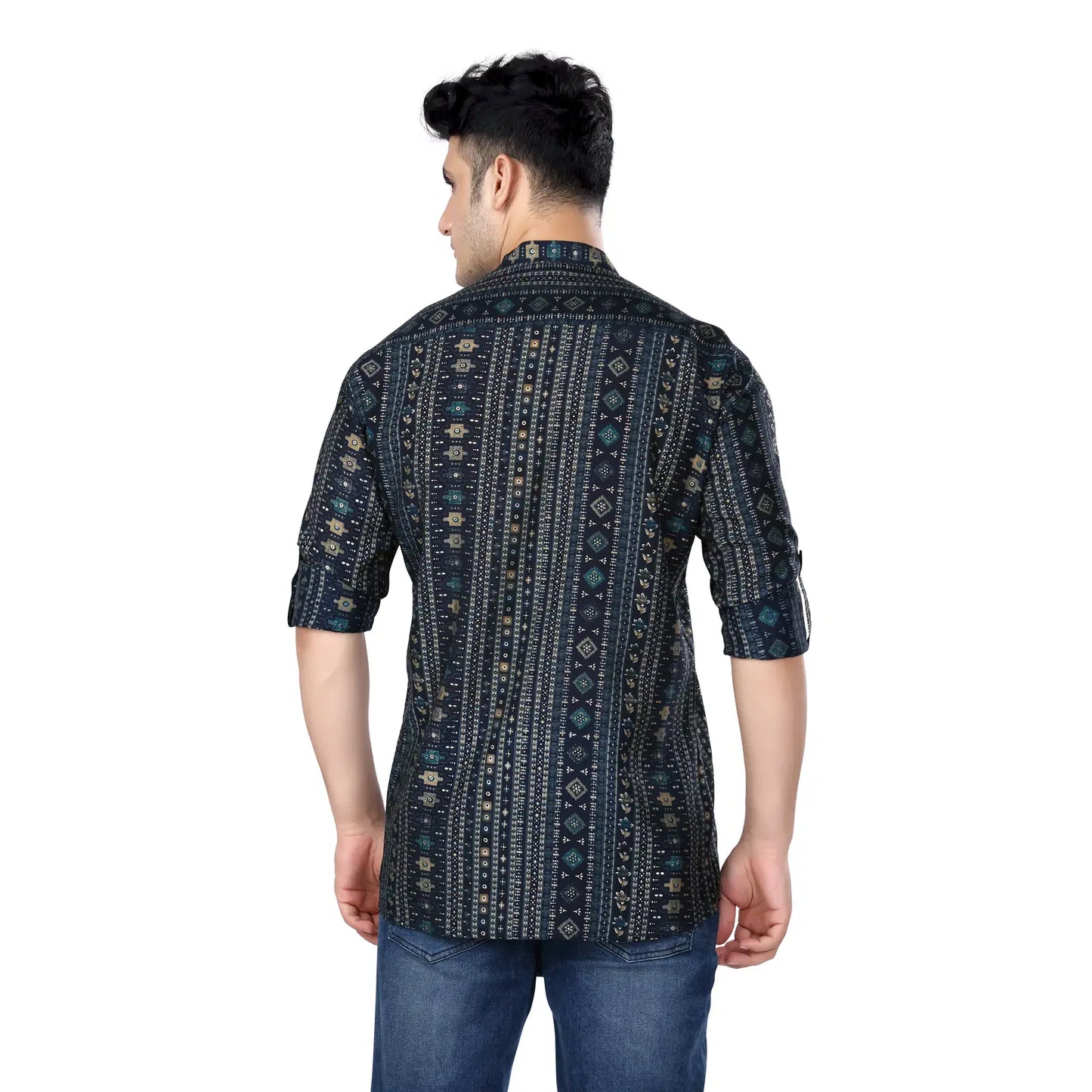 Classic Black Geometric print Mandarin Collar Short Kurta