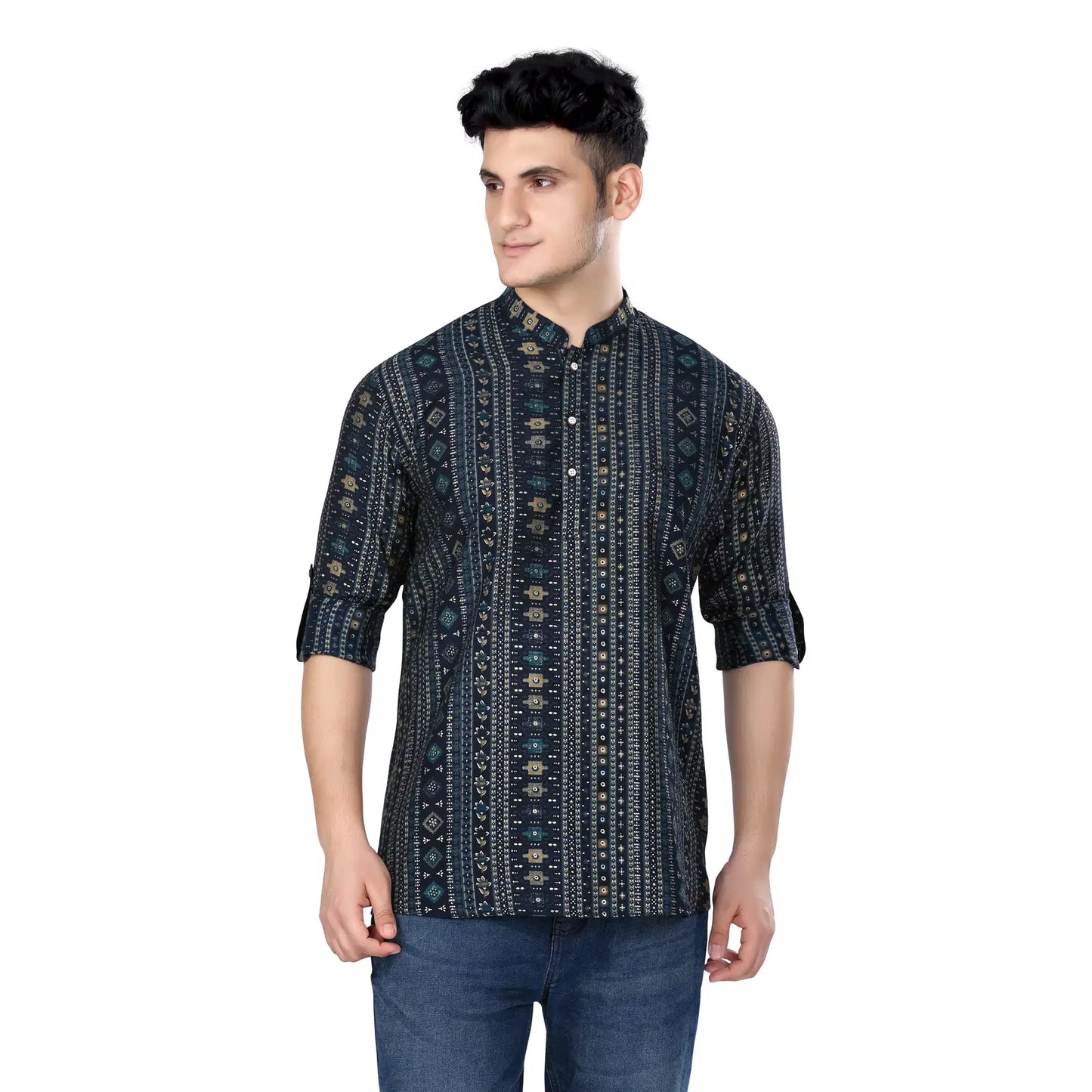 Classic Black Geometric print Mandarin Collar Short Kurta