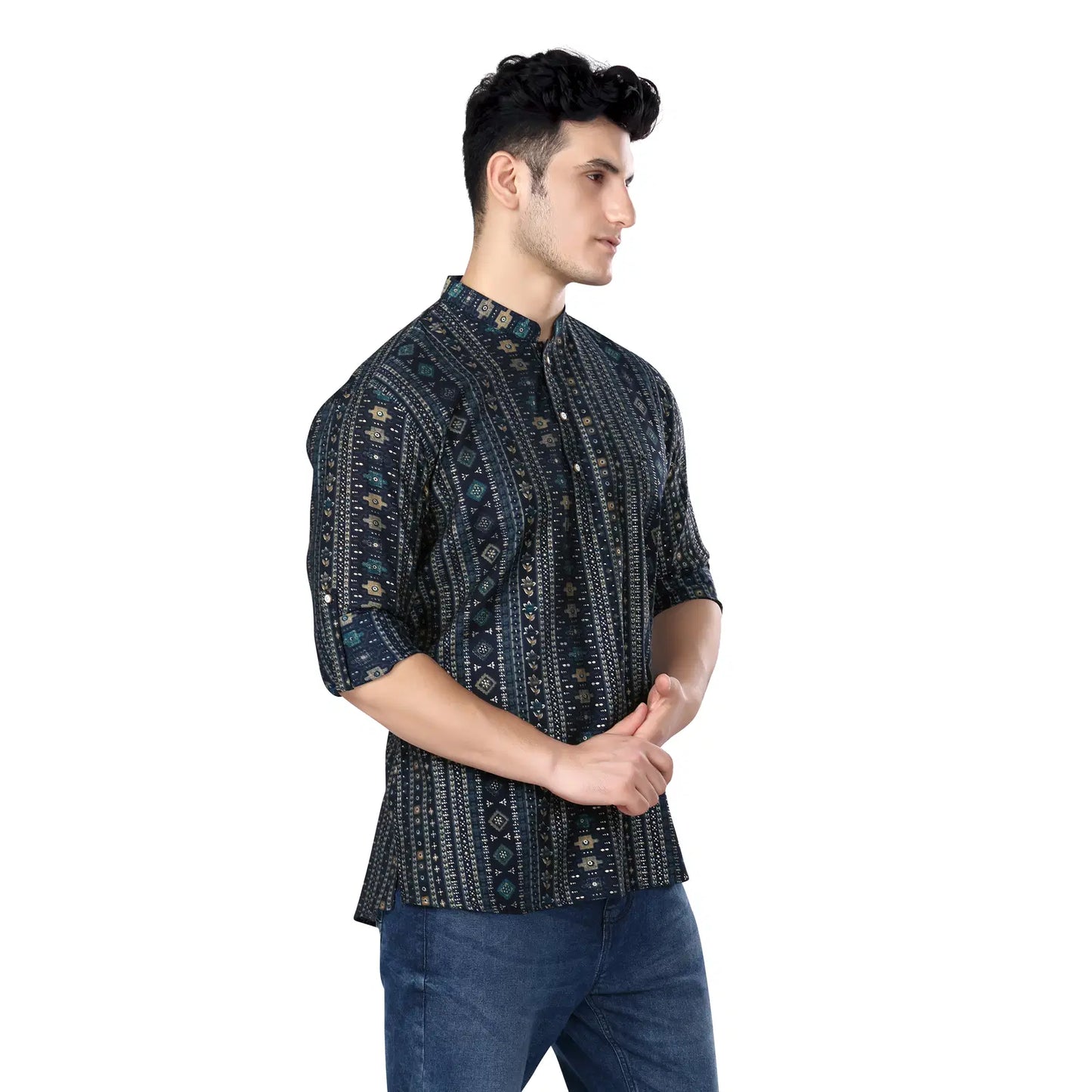 Classic Black Geometric print Mandarin Collar Short Kurta