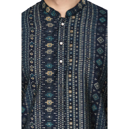 Classic Black Geometric print Mandarin Collar Short Kurta