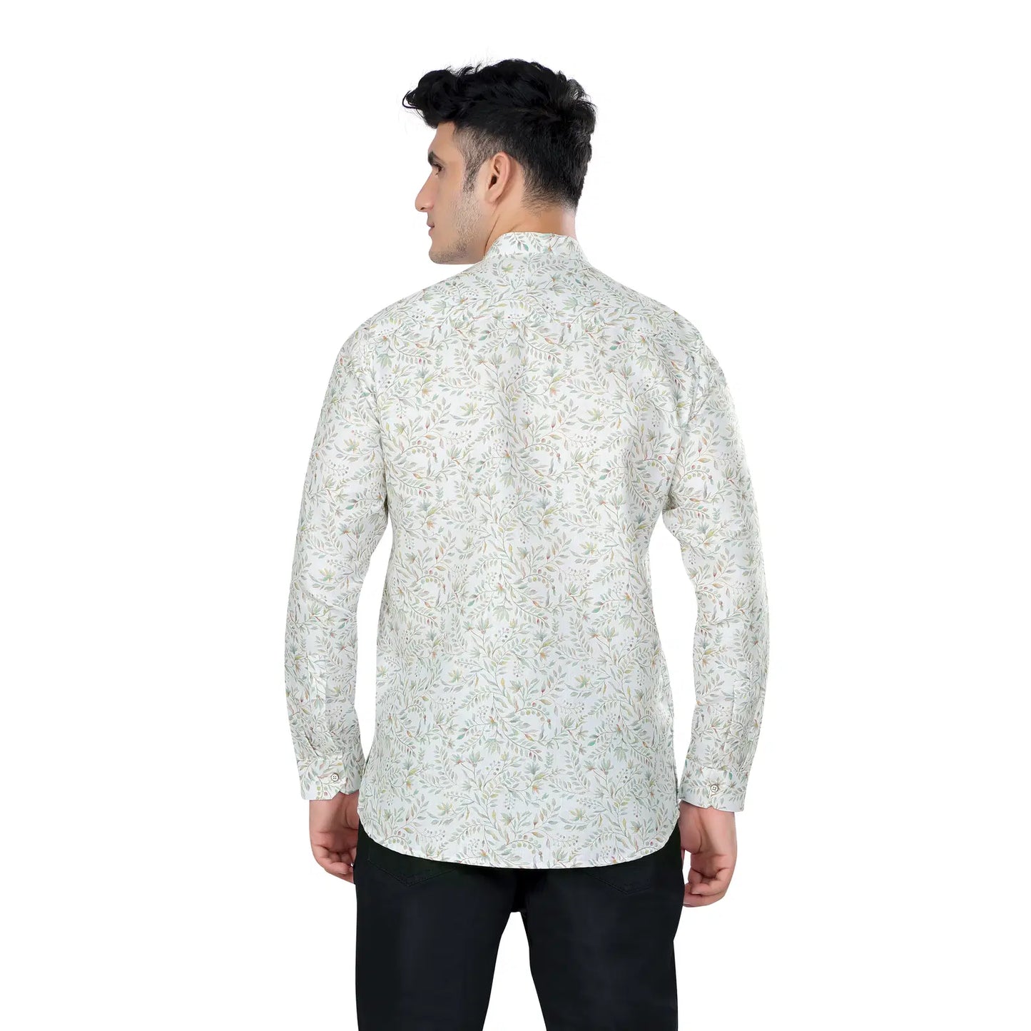 Classic Sophisticated White Floral Print Mandarin Collar Short Kurta