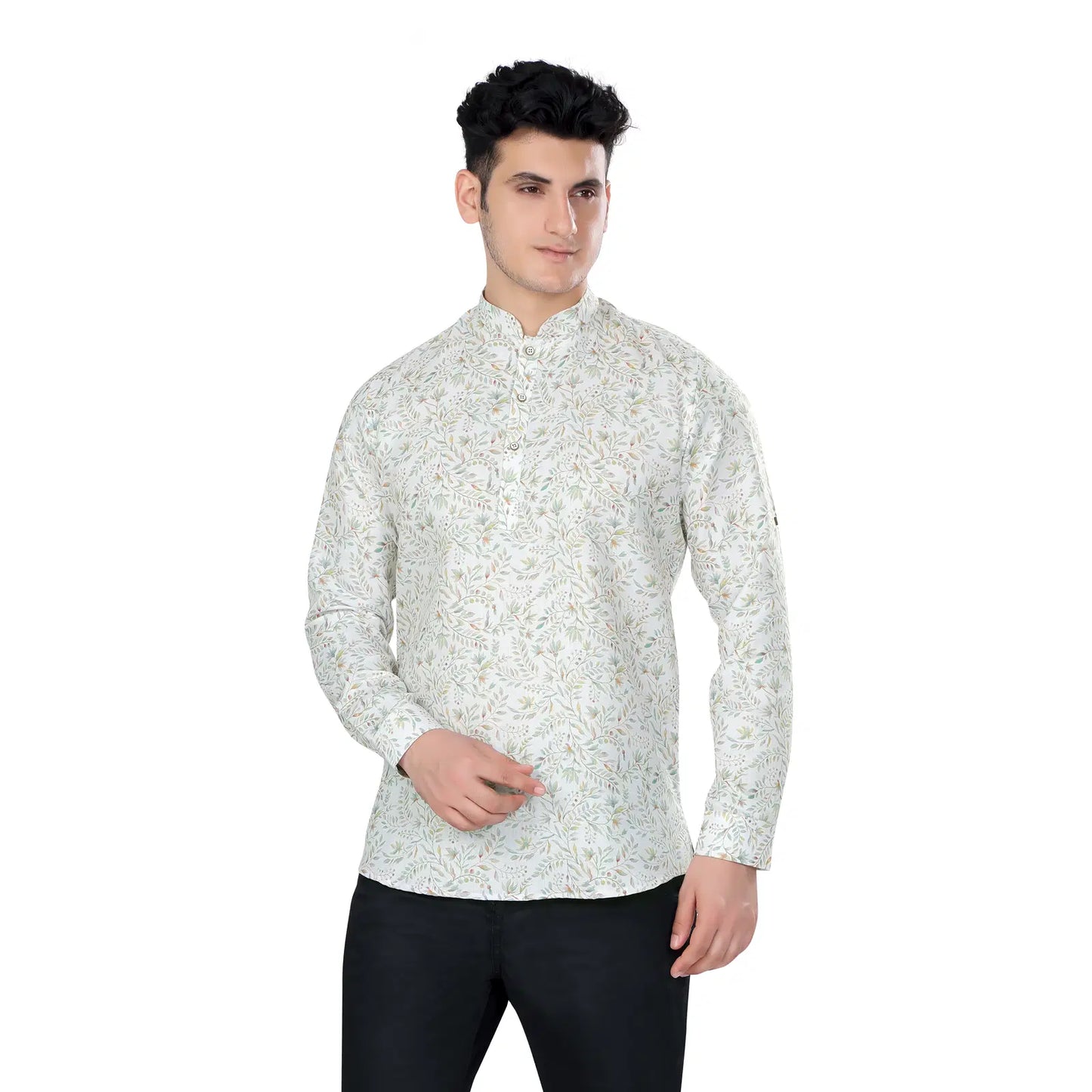 Classic Sophisticated White Floral Print Mandarin Collar Short Kurta