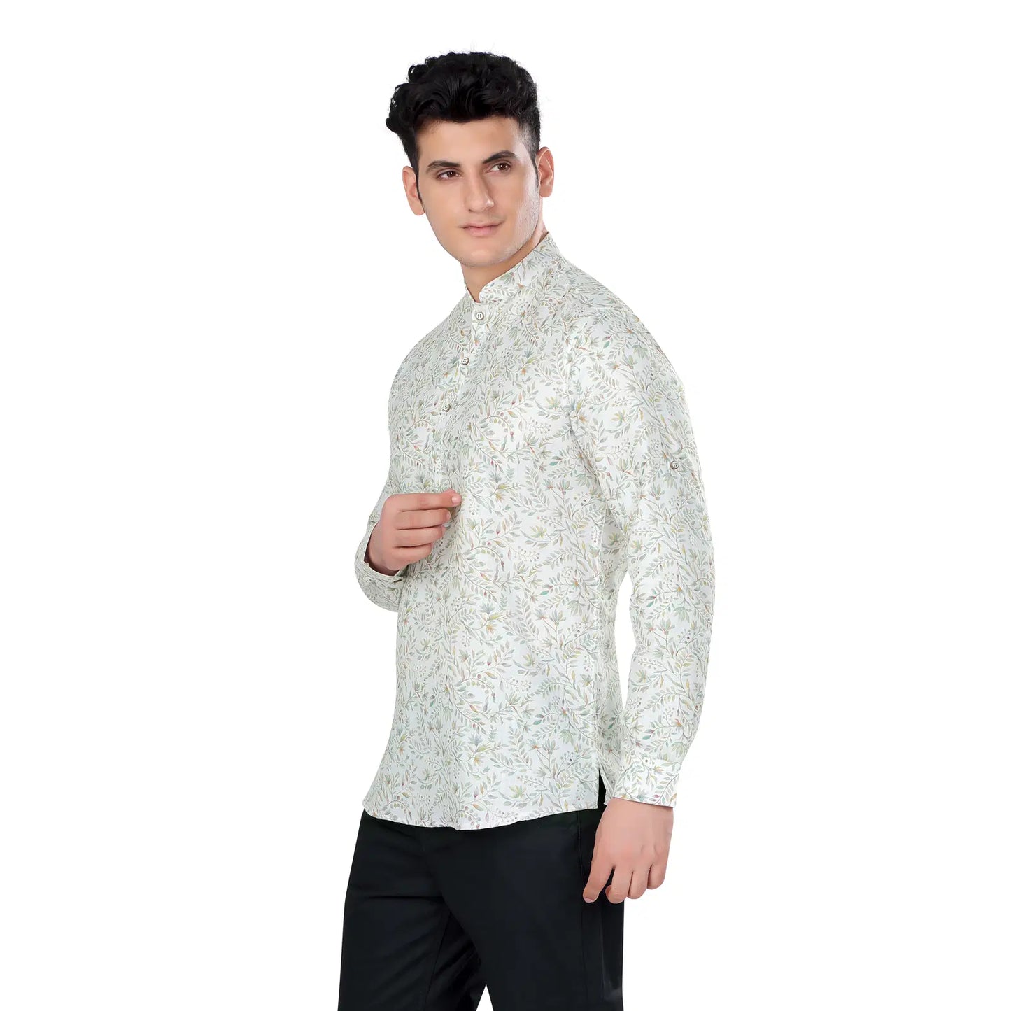 Classic Sophisticated White Floral Print Mandarin Collar Short Kurta