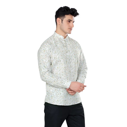 Classic Sophisticated White Floral Print Mandarin Collar Short Kurta