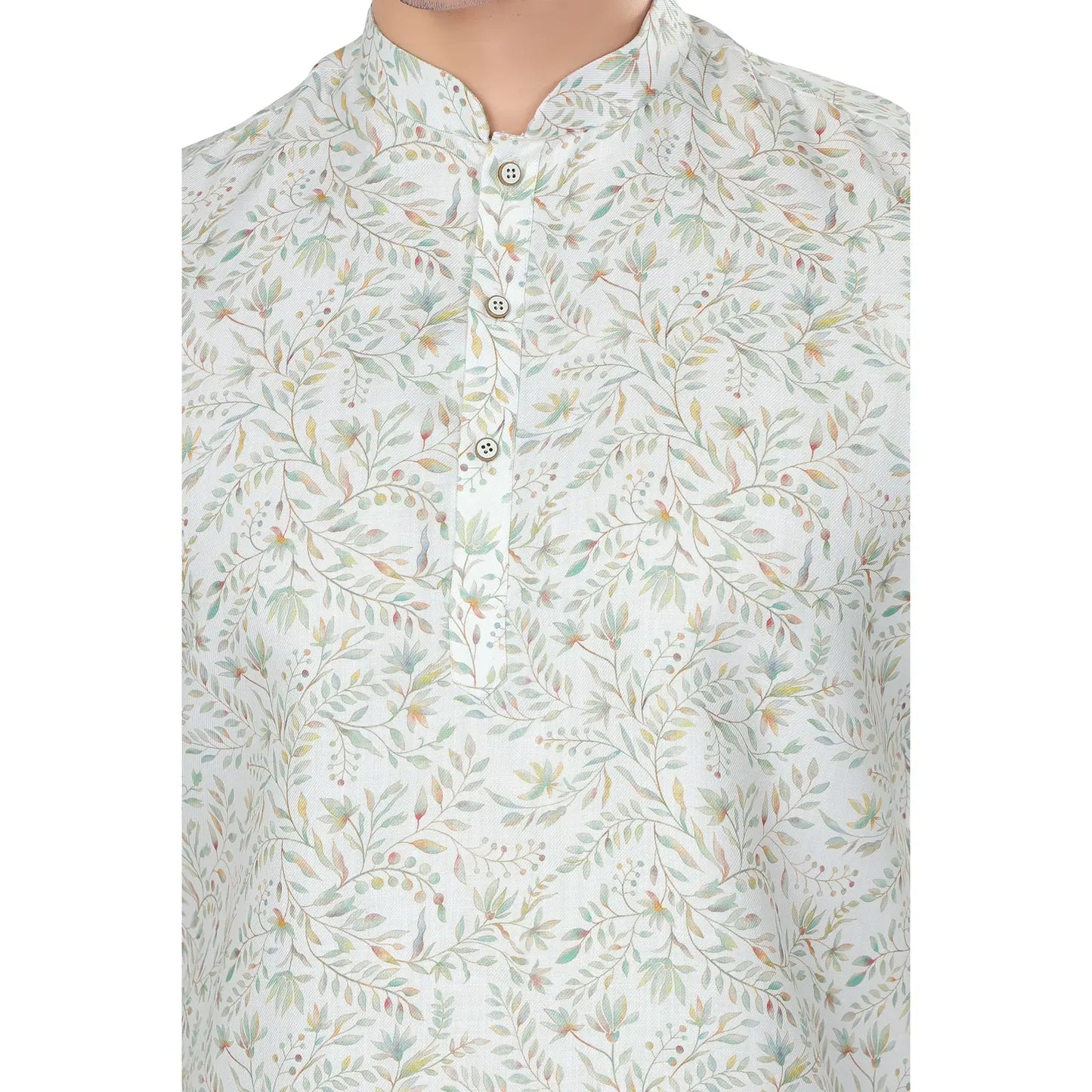 Classic Sophisticated White Floral Print Mandarin Collar Short Kurta