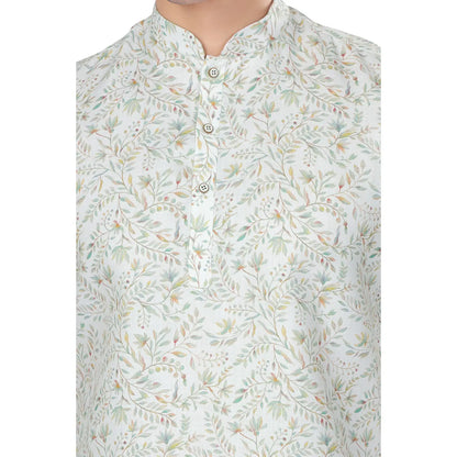 Classic Sophisticated White Floral Print Mandarin Collar Short Kurta