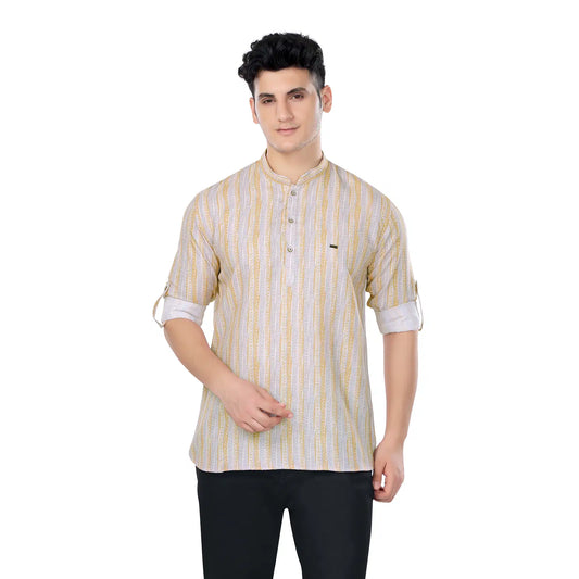 Beige and Yellow Striped Self-printed Mandarin Collar Short Kurta