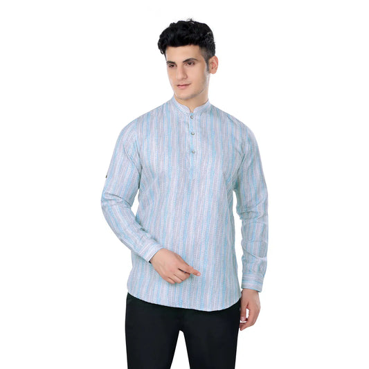 Blue and Grey Striped Self-printed Mandarin Collar Short Kurta