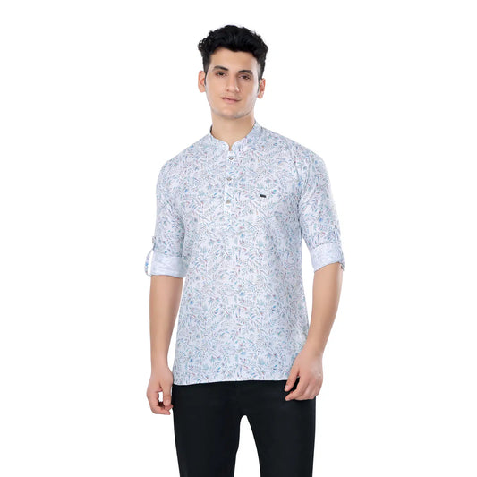 Classic Sophisticated White and Blue Floral Print Mandarin Collar Short Kurta