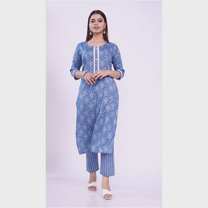 Indigo Blue Geometric Print Kurta Pant Set with Contrast Lace Detailing